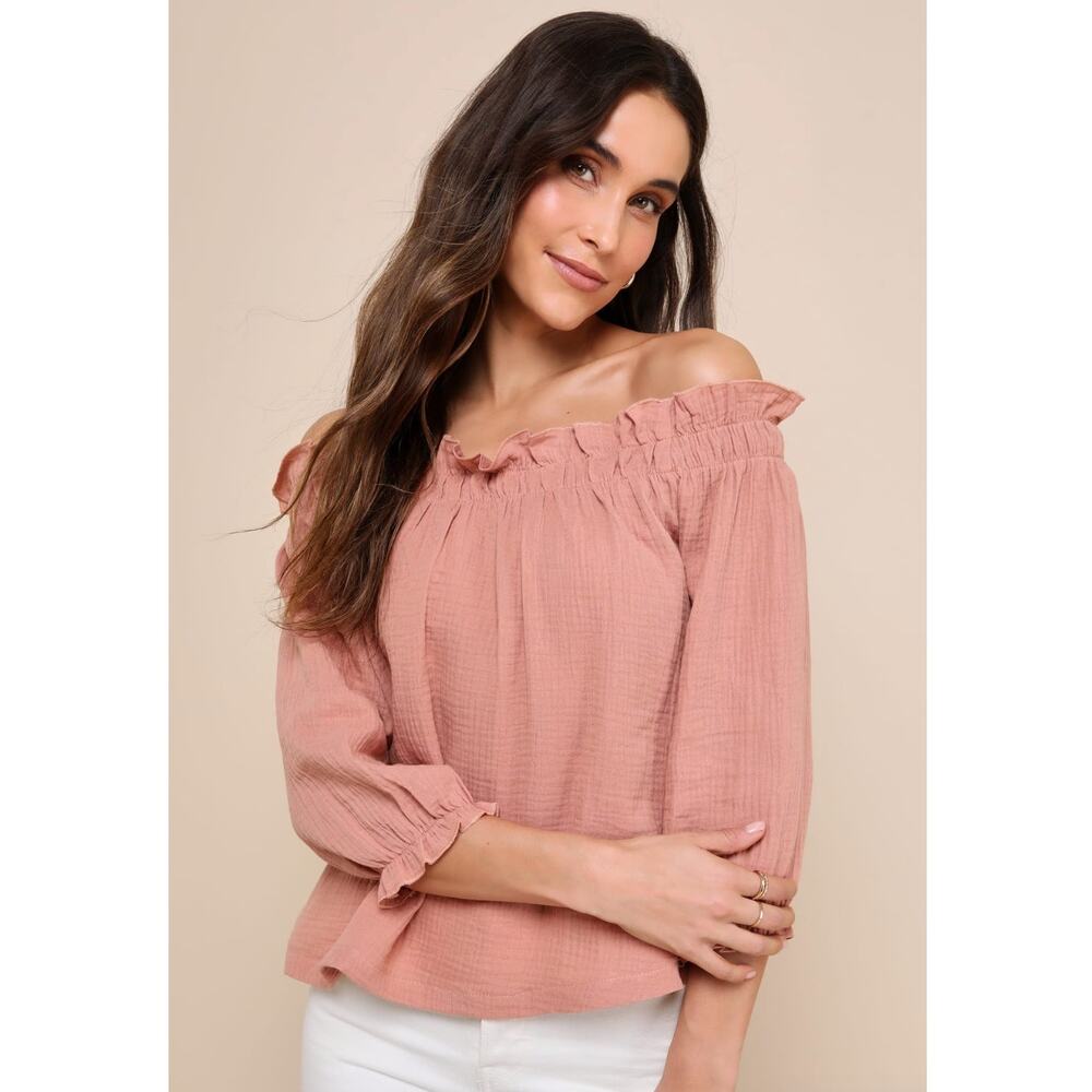 Lulu's Rusty Rose Off the Shoulder Three Quarter Sleeve Top39